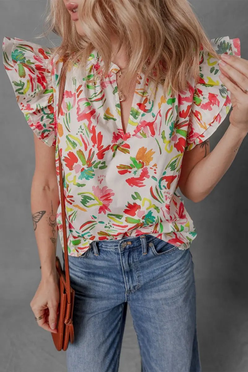 Multicolour Allover Floral Printed Flutter Sleeve Blouse - Love Salve